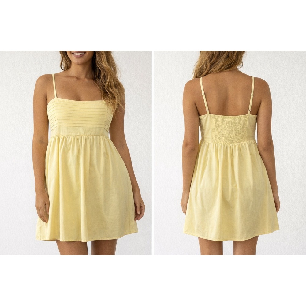 Mi‎ Ami Francescas Yellow Pleated Smocked Back Pocket Sun Dress Large TFD80177